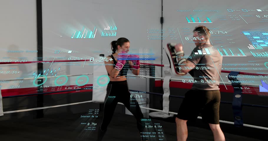 Boxer training with trainer presenting pads, throwing measured-to-high combos, HUD overlaying ring. Athlete, mitts, coach, workout, footwork, punches, arena