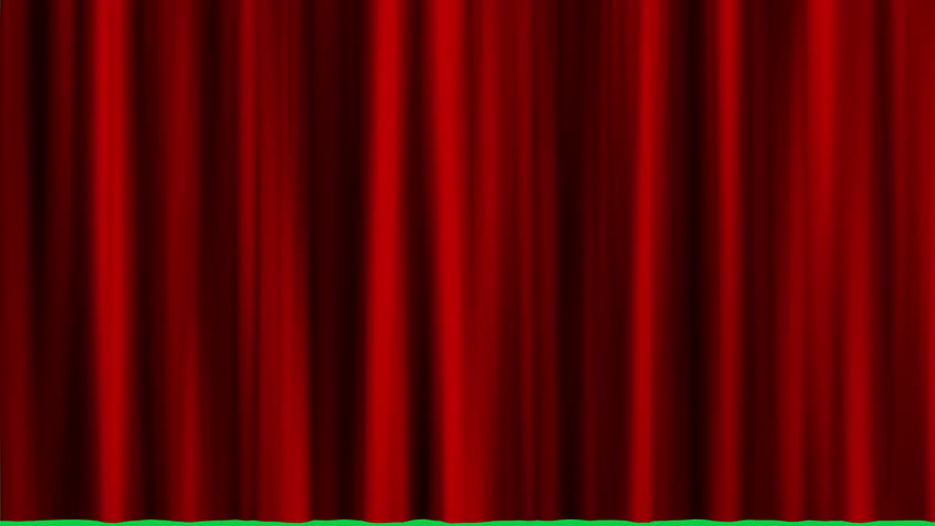 animated red curtains open and close one sides, animation video footage on green screen background.	