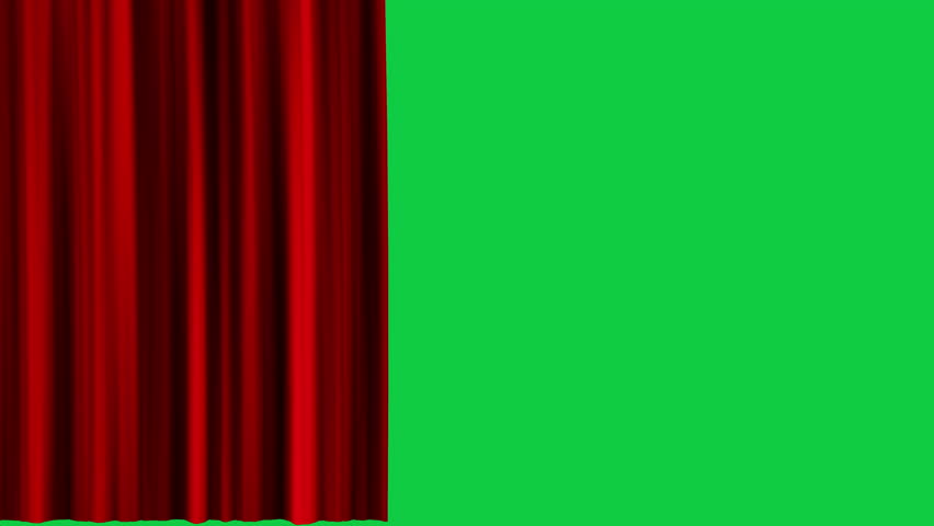 animated red curtains open and close one sides, animation video footage on green screen background.	