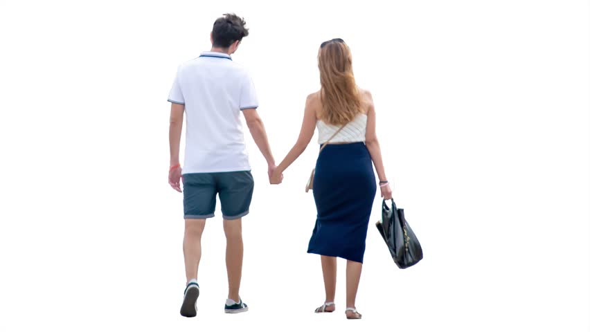 Back view long shot isolated real image of a young couple wearing summer clothes walking while holding hands seamless looped animated video