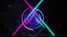 Magenta and cyan rays meeting, forming triangle, rings joining, core pulsing, showing neon emblem. Abstract, geometry, circles, glow, reflection, particles, futuristic - Powered by Shutterstock - Get 15% off with code: PIKWIZARD15