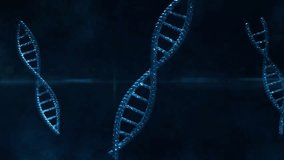 Blue DNA helices drifting turning as light band aligning ring forming beam focusing center helix. Biomolecule, spirals, beads, glow, cyan, visualization, 3d - Powered by Shutterstock - Get 15% off with code: PIKWIZARD15