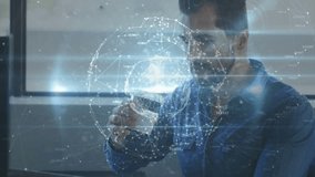 Man working reaching for takeaway cup, sipping and adjusting lid while tech globe aligning with cup. Coffee, office, laptop, holographic, network, futuristic, minimalist - Powered by Shutterstock - Get 15% off with code: PIKWIZARD15