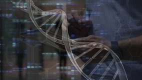 Lab technician tapping tablet in corridor, activating rotating helix over hands and analyzing DNA. Visualization, data, research, analytics, digital, futuristic, hallway - Powered by Shutterstock - Get 15% off with code: PIKWIZARD15