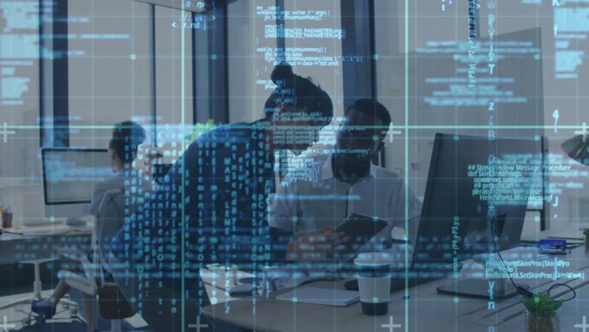 Standing woman leaning over seated man using tablet starting code overlay reviewing code on monitor. Collaboration, office, teamwork, colleagues, technology, screen, coding - Powered by Shutterstock - Get 15% off with code: PIKWIZARD15