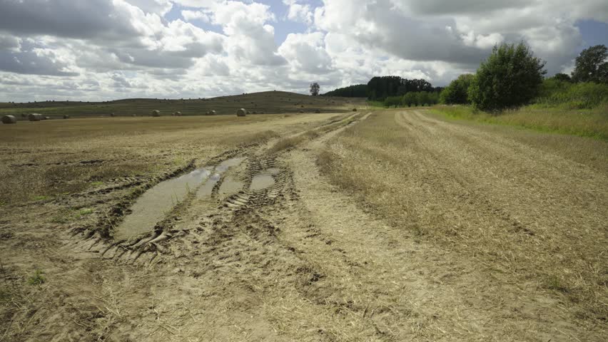 Panorama of agricultural fields on a sunny summer day. Mown grain and compressed round haystacks on the hills. Latvia