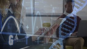 Woman tapping tablet in lounge, reviewing research data, activating DNA helix and waveform overlays. Collaboration, workspace, sleek, device, screen, analytics, infographics - Powered by Shutterstock - Get 15% off with code: PIKWIZARD15