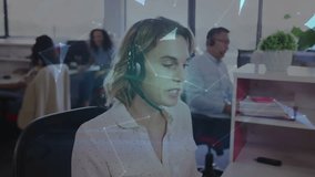 Call-center agent taking call, causing network shapes forming globe around headset, helping caller. Office, corporate, holographic, telecom, workspace, focused, innovation - Powered by Shutterstock - Get 15% off with code: PIKWIZARD15