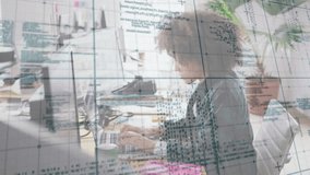 Woman typing on laptop, starting code grid overlay, pausing, reviewing code, smiling for technology. Office, desk, computer, developer, plant, mug, headphones - Powered by Shutterstock - Get 15% off with code: PIKWIZARD15