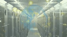 Globe overlay appearing triggers pulsing map, yellow sparks flowing server aisle showing traffic. Datacenter, racks, cabinets, futuristic, minimalist, sleek, neon - Powered by Shutterstock - Get 15% off with code: PIKWIZARD15