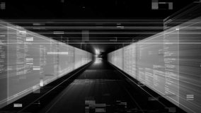 Forward view moving through corridor, panels filling with code, globe growing, visualizing data. Tunnel, dataflow, cyberspace, holographic, neon, monochrome, cyan - Powered by Shutterstock - Get 15% off with code: PIKWIZARD15