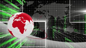 On start, globe rotating as camera dollying inward, code streams intensifying, creating tech intro. Orb, red, white, grid, tunnel, panels, continents - Powered by Shutterstock - Get 15% off with code: PIKWIZARD15