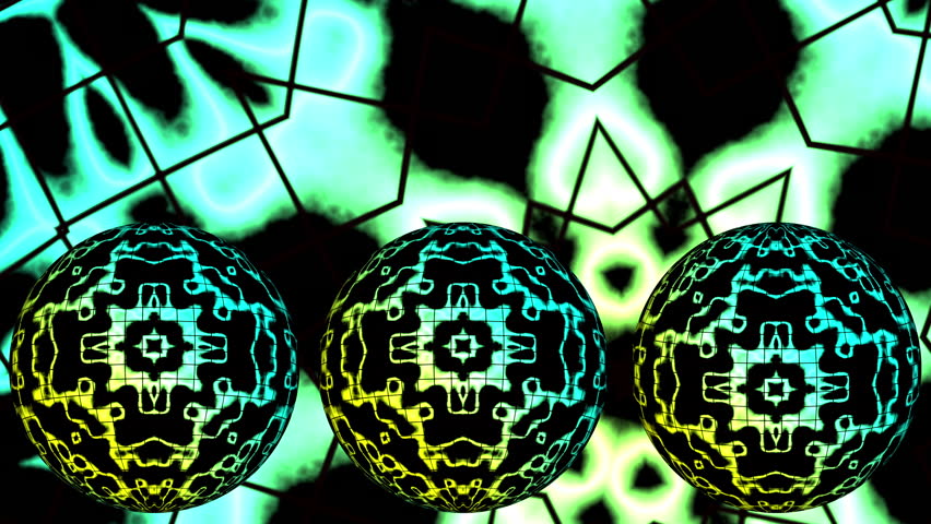 Cool blue-yellow mosaic lights illuminating three patterned spheres with strong reflective contrast.