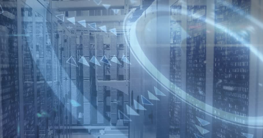 Camera centering server racks revealing globe entering right arrows appearing diagonal mapping flow. Datacenter, infrastructure, equipment, cabling, hightech, holographic, visualization