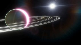 Cinematic orbit around a glowing gas giant with rings and its main star, showcasing a vibrant planetary system, cosmic lighting, and celestial beauty. - Powered by Shutterstock - Get 15% off with code: PIKWIZARD15
