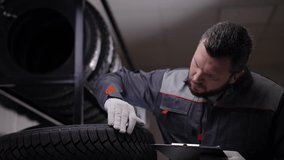 Caucasian male mechanic checking car tires in shop with clipboard. - Powered by Shutterstock - Get 15% off with code: PIKWIZARD15