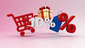 Vibrant 3D render showcasing a 10% off promotion with a red shopping cart, golden gift box, and blue price tag, perfect for retail sales and marketing campaigns. - Powered by Shutterstock - Get 15% off with code: PIKWIZARD15