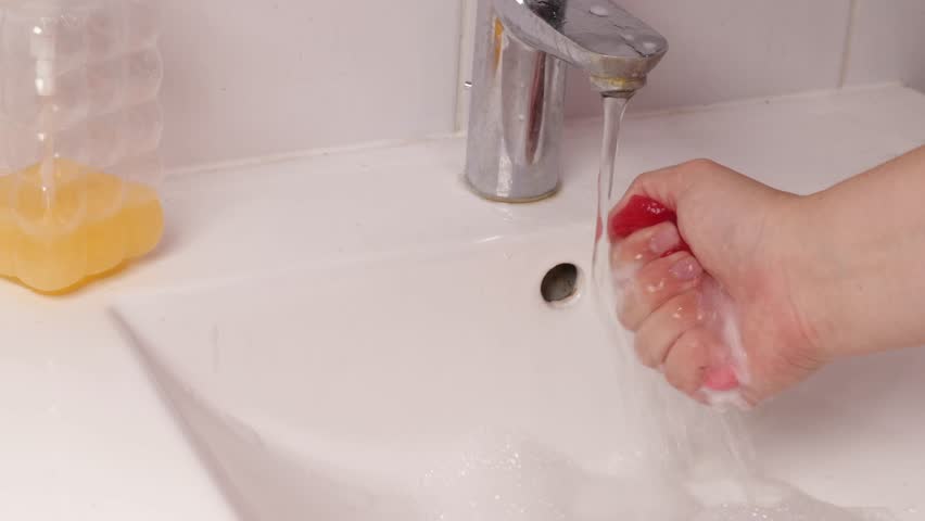 Squeezing a wet sponge under running water in a sink, showing hand pressure, dripping liquid and cleaning routine