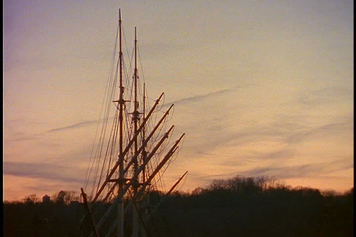 Historical reenactment of an old slave ship in Connecticut. Silhouette of ship