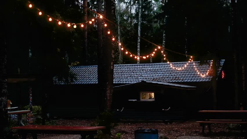Cabin surrounded by trees, softly lit by string lights, camera gradually zooms in