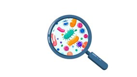 Magnifying glass showing a microscopic view of many colorful bacteria and virus. Concept of microbiology research and germ study for science and medicine. Colony of microbes and microorganisms art. - Powered by Shutterstock - Get 15% off with code: PIKWIZARD15