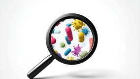 Magnifying glass showing a microscopic view of many colorful bacteria and virus. Concept of microbiology research and germ study for science and medicine. Colony of microbes and microorganisms art. - Powered by Shutterstock - Get 15% off with code: PIKWIZARD15