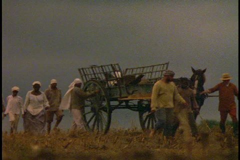 CARLISLE, MASSACHUSETTS - CIRCA 1990: Re-creations of slaves working on farm. Slave workers with horse and wagon cross come up over rise and walk towards camera.