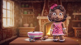 Title: Christmas 3D Animation – Adorable Gingerbread Girl in Cozy Festive Kitchen with Candy Decor, Baking Tools, and Glowing Fireplace. Perfect for Holiday Cards, Winter Scenes, and New Year Celebrat - Powered by Shutterstock - Get 15% off with code: PIKWIZARD15