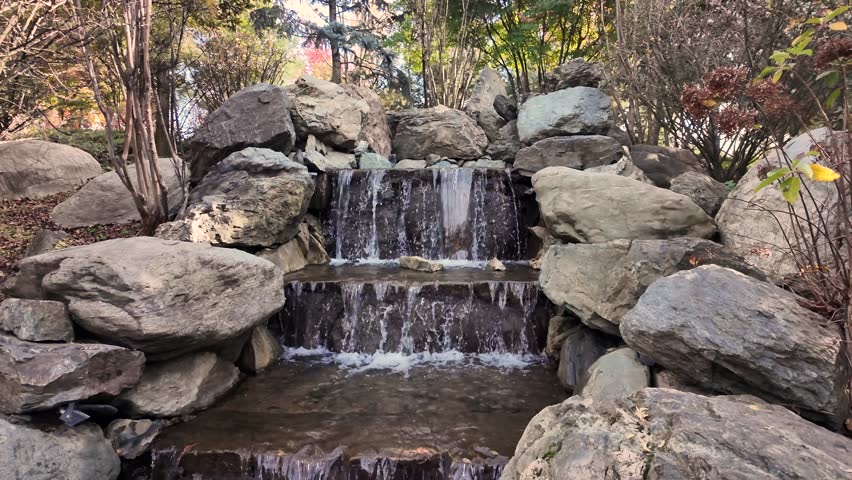 Waterfall in the Japanese Garden in Galitsky Park, Krasnodar