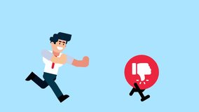 A businessman runs after a walking dislike icon, symbolizing facing criticism, negative feedback, or challenges in business on a blue background. - Powered by Shutterstock - Get 15% off with code: PIKWIZARD15