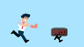 A businessman runs after a walking clock showing 9, symbolizing time management, deadline, punctuality, and business urgency on a blue background. - Powered by Shutterstock - Get 15% off with code: PIKWIZARD15