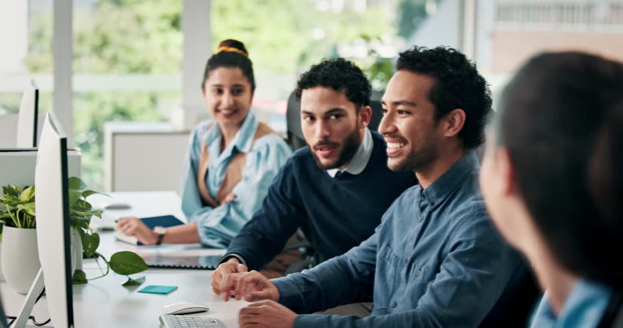 Business people, team and research on computer for discussion, help or feedback on creative project. Coworking, meeting with men and women for advice, laugh and online info for design strategy chat