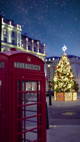 A Christmas concept in London with a red telephone booth in front of a illuminated tree under a starry sky