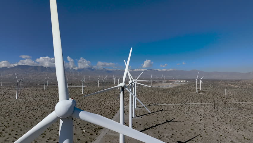Wind Turbines - Static shot of wind turbines operating in the San Gorgonio Pass near Palm Springs, California. Renewable energy infrastructure in a desert mountain landscape under clear skies.
