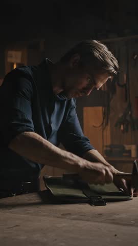 Professional man tailor beating off seams on handmade leather case, finishing original accessory in evening