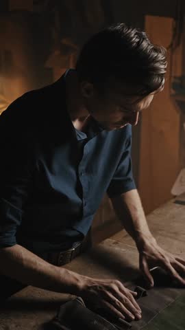 Professional male craftsman finishing case for tools at workshop, beating off seams of handmade leather product, tracking shot