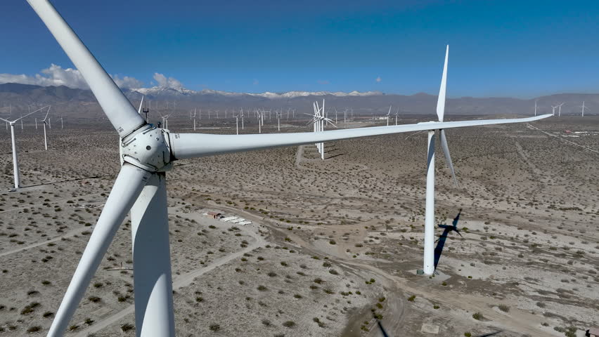 Wind Turbines - Static shot of wind turbines operating in the San Gorgonio Pass near Palm Springs, California. Renewable energy infrastructure in a desert mountain landscape under clear skies.
