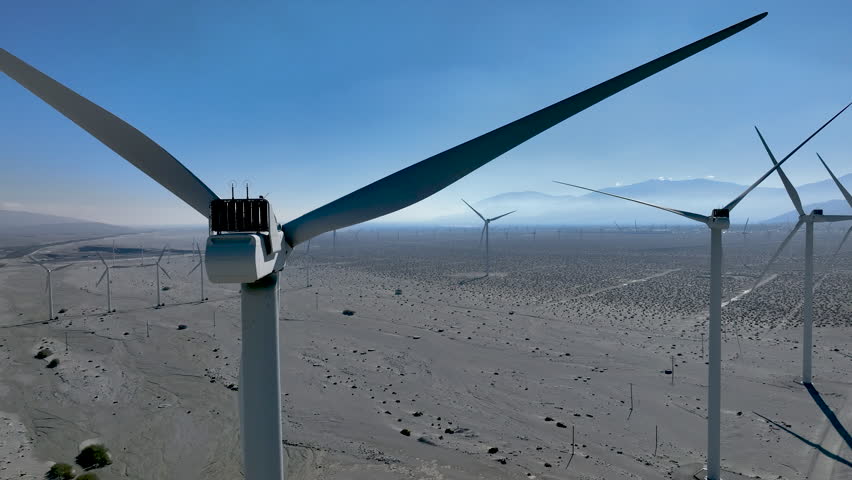 Wind Turbines - Static shot of wind turbines operating in the San Gorgonio Pass near Palm Springs, California. Renewable energy infrastructure in a desert mountain landscape under clear skies.