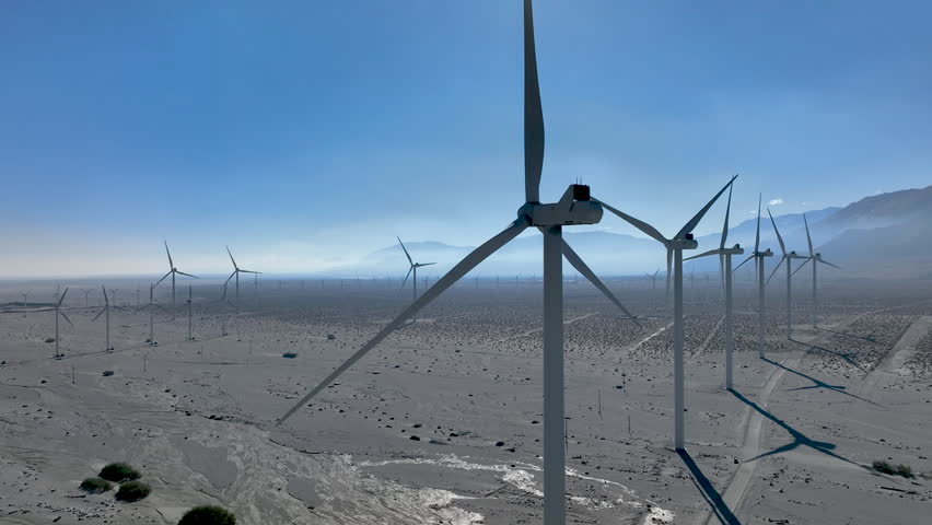 Wind Turbines - Static shot of wind turbines operating in the San Gorgonio Pass near Palm Springs, California. Renewable energy infrastructure in a desert mountain landscape under clear skies.