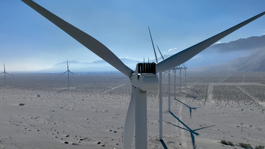 Wind Farm Turbines - Drone pan right revealing wind turbines at the San Gorgonio Pass near Palm Springs, California. Renewable energy site with turbines rotating against a desert backdrop.