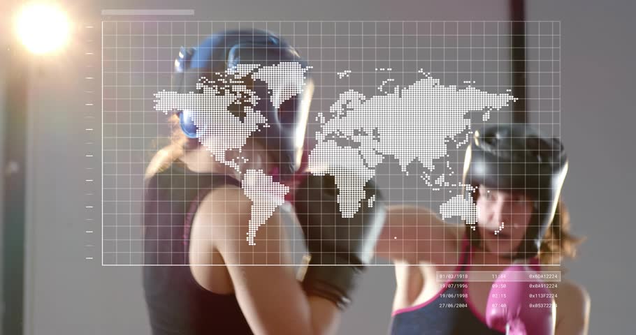 Blue-headgear boxer stepping jabbing, pink gloves blocking, map or chart overlaying ring for sparring. Boxing, women, gym, studio, training, intensity, focus