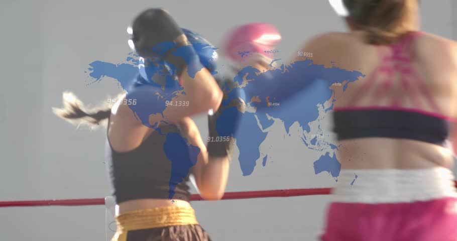 Left boxer starting combos, women boxers trading punches, clinching, training with blue map overlay. Fighters, boxing, sparring, gym, ring, gloves, headgear