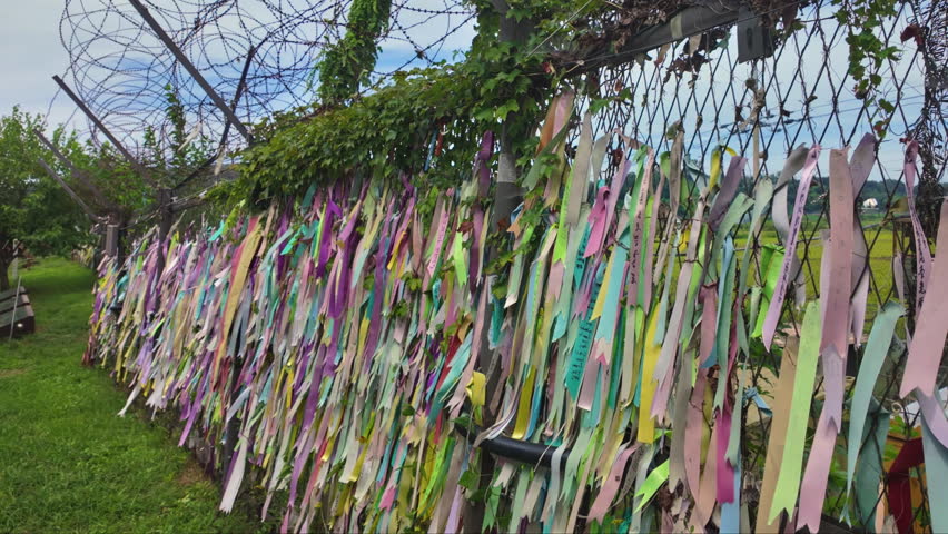 Colorful Ribbons With Messages Of Peace And Reunification Tied To A Barbed Wire Fence At The Korean Demilitarized Zone, Captured With Natural Light On A Clear Day.