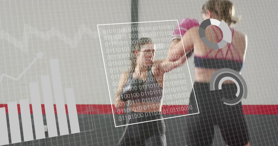 Two women training in gym, partner angling pads, pink gloves hitting mitts, HUD centering over pair. Sparring, boxing, kickboxing, fitness, studio, mats, overlay