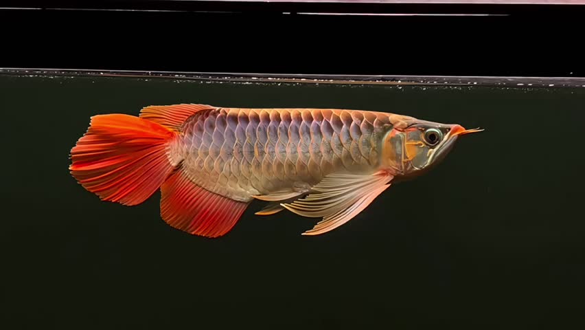 An exotic Red Arowana (Scleropages formosus) fish swimming gracefully in an aquarium, showcasing its vibrant scales and fins