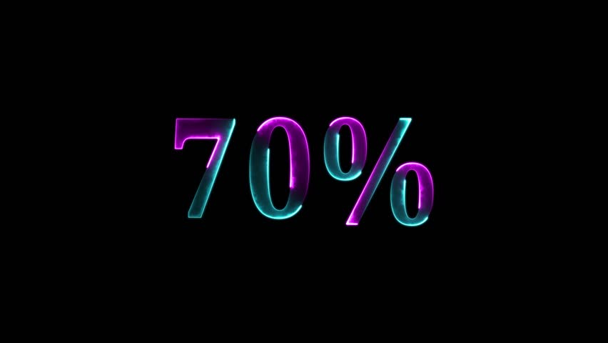 Neon glowing 70 percent sign on black background. Abstract 70% percent text neon animation.Neon glowing 70 percent sign on black background. Abstract 70% percent text neon animation.