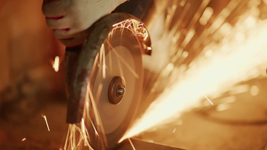 abrasive wheel cutting metal plate with shower of sparks, high speed rotation and glowing embers, close framing on disc and cutting line, gritty workshop environment, dramatic - Powered by Shutterstock - Get 15% off with code: PIKWIZARD15