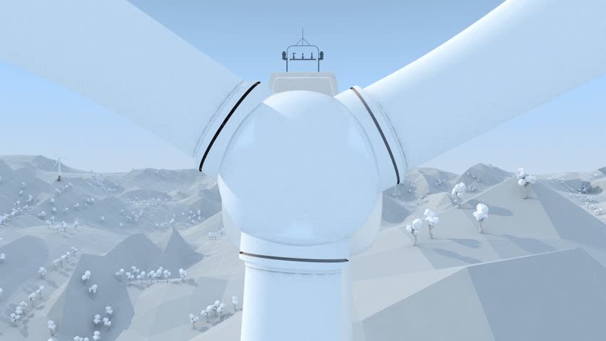 The interior of a wind turbine includes the turbine rotation, generator function, and grid output. Close-up, detailed 3D model of the motor, electrical energy, and 3D animation.