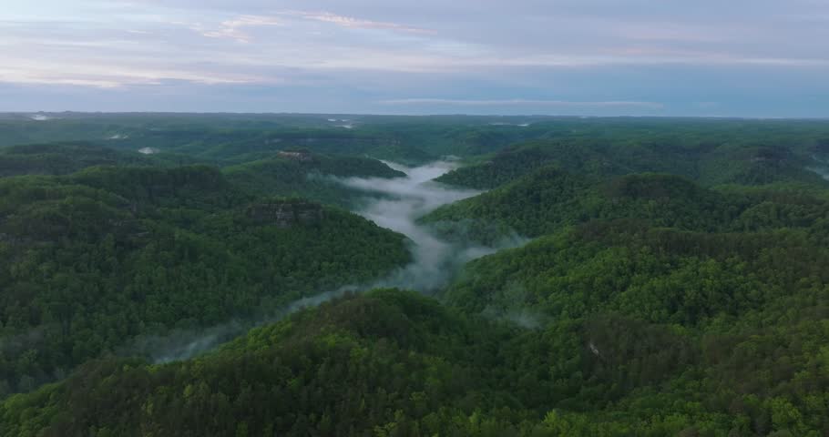 Foggy morning over lush hills in Red River Gorge, serene and scenic views
