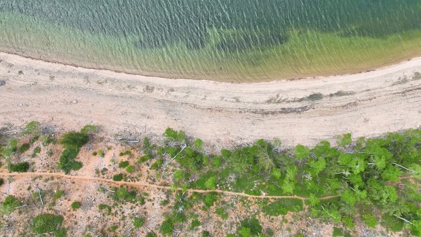 Aerial Tracking Shot Over Lake Shoreline and Forest with Water and Sand Motion. 3D Illustration
